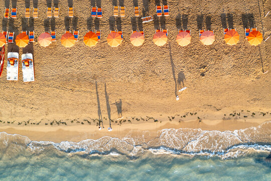Aerial view of sunshades in a row on sand beach washed by the crystal sea, Vieste, Foggia province, Gargano, Apulia, Italy