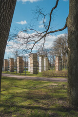 Fototapeta na wymiar Brick columns in Gatchina park