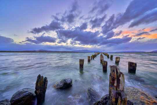 Pier at sunrise, Puerto Natales, Torres del Paine National Park, Ultima Esperanza Province, Magallanes and Chilean Antactica Region, Patagonia, Chile