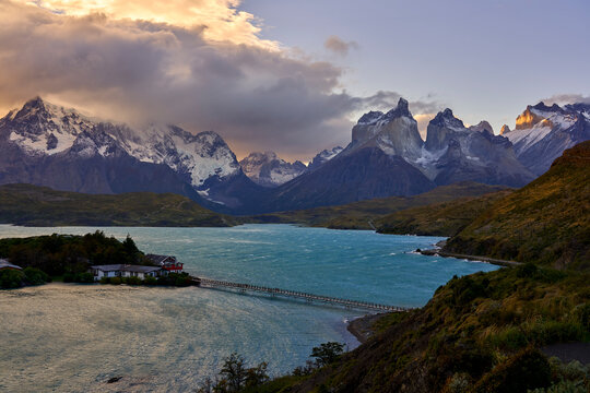Lake Pehoe and Los Cuernos del Paine, Torres del Paine National Park, Ultima Esperanza Province, Magallanes and Chilean Antactica Region, Patagonia, Chile