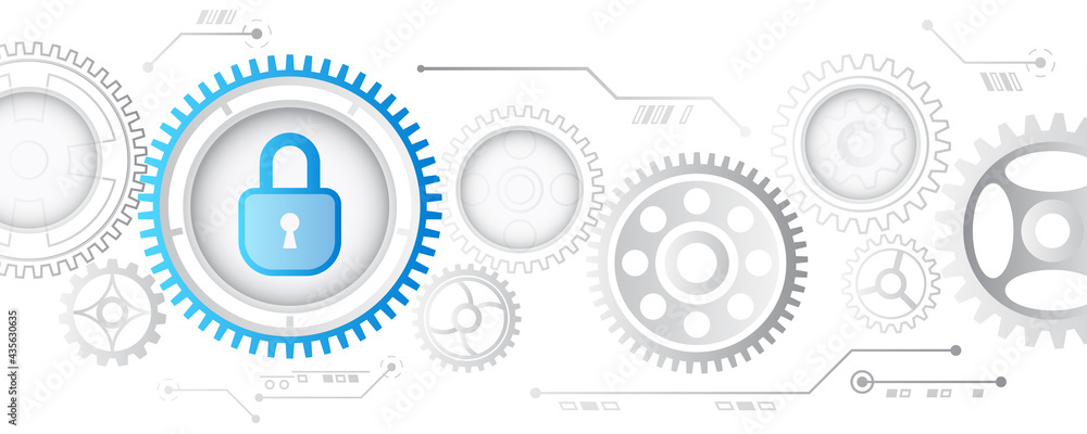 Poster Cybersecurity web banner. Shield icon with gears on a blue background. Data security concept design for personal privacy, data protection.