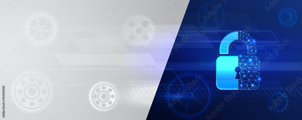 Poster Data security concept design for personal privacy, data protection. Cybersecurity web banner. Shield icon with gears on a blue background.