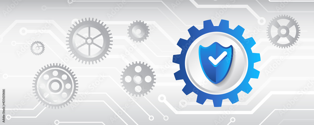 Poster Cybersecurity web banner. Shield icon with gears on a blue background. Data security concept design for personal privacy, data protection.