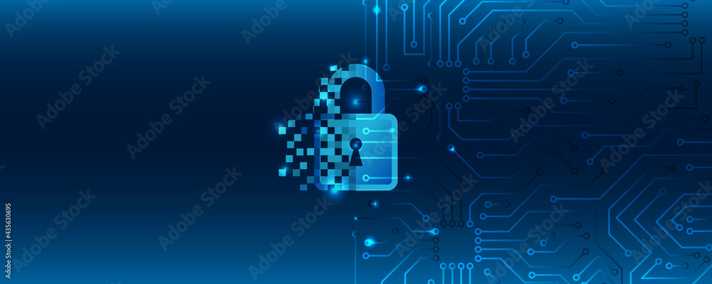 Aufkleber Data security concept design for personal privacy. Digital data network protection. Padlock with Keyhole icon and circuit board on blue background.