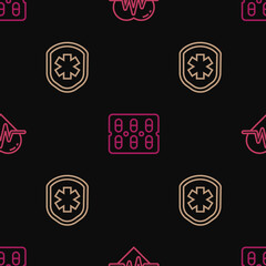 Set line Heart rate, Medical shield with cross and Pills in blister pack on seamless pattern. Vector