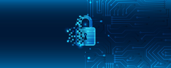 Data security concept design for personal privacy. Digital data network protection. Padlock with Keyhole icon and circuit board on blue background.