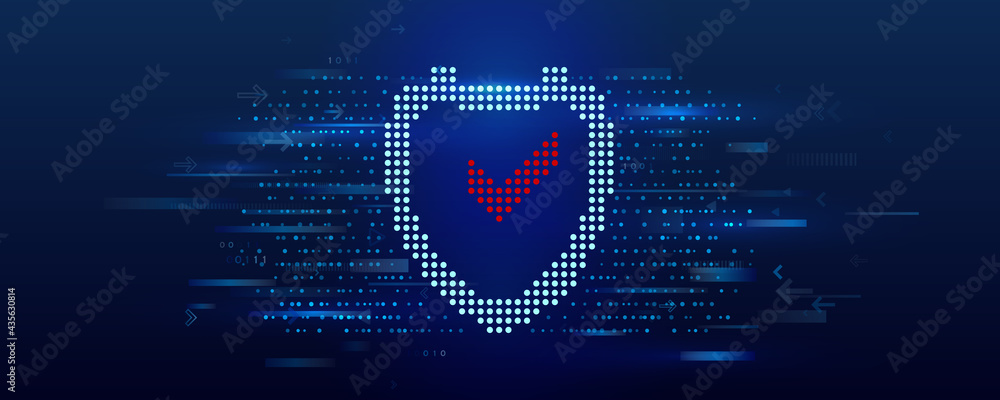 Poster Data protection on the Internet. Web banner cyber security. An image of a shield icon made of dots.
