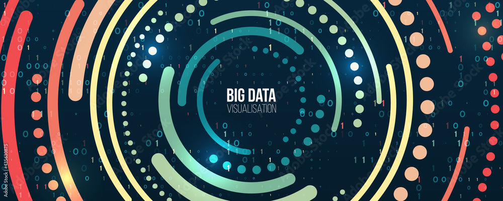 Aufkleber Wide Big data visualization. Information analytics concept. Abstract stream information with circles array and binary code. Filtering machine algorithms. Sorting data. Vector technology background.