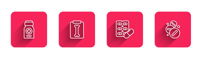 Set line Medicine bottle, X-ray shots, Pills blister pack and pill or tablet with long shadow. Red square button. Vector