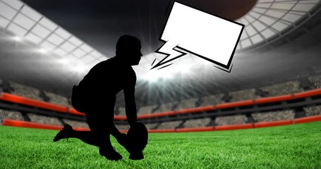 Animation of silhouette of rugby player and speech bubble with copy space over sports stadium - Powered by Adobe