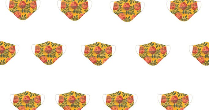 Composition of rows of face mask with floral pattern moving on white background