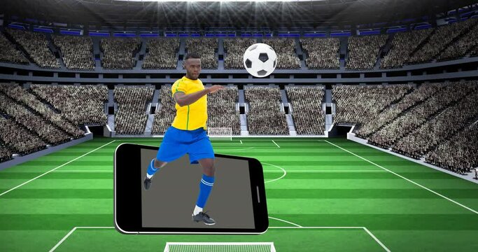 Animation of football player kicking ball over smartphone and sports stadium