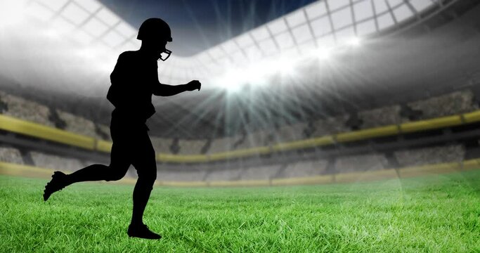 Animation of silhouettes of american football players holding over sports stadium