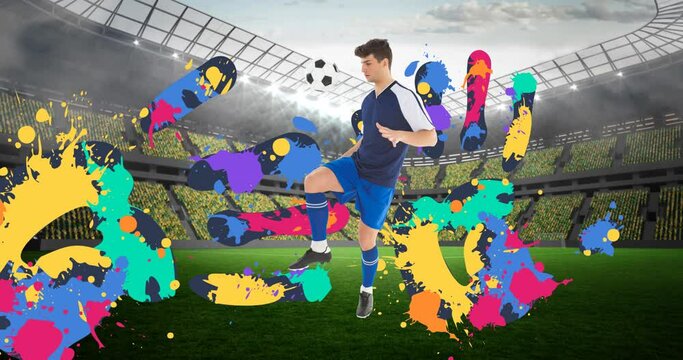 Animation of football player with ball over colourful handprints and sports stadium