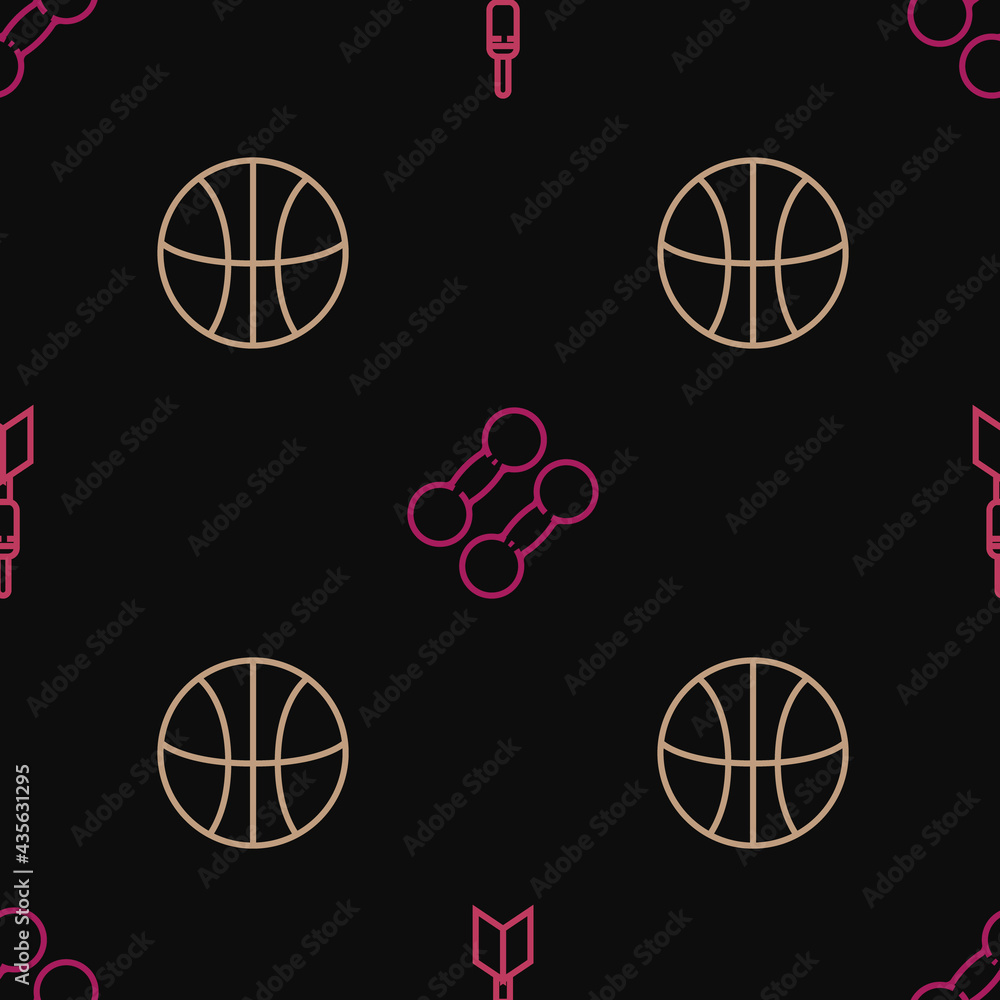 Poster set line dart arrow, basketball ball and dumbbell on seamless pattern. vector