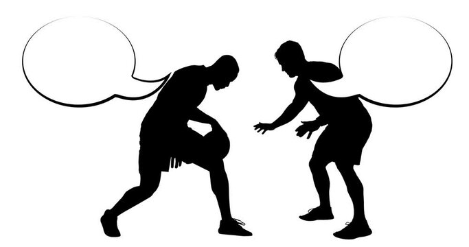 Animation of silhouette of basketball players with speech bubbles on white background