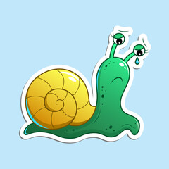 Cute cartoon snail with green body and yellow shell, sad and upset, crying, dropping blue tear. Vector illustration, sticker isolated on blue background