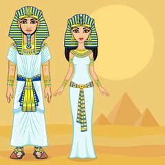 Fototapeta na wymiar Animation Egyptian imperial family in ancient clothes. Full growth. Background - the desert, the Egyptian pyramids.