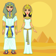 Animation Egyptian imperial family in ancient clothes. Full growth.  Background - the desert, the Egyptian pyramids.
