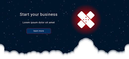 Business startup concept Landing page screen. The adhesive plaster symbol on the right is highlighted in bright red. Vector illustration on dark blue background with stars and curly clouds from below
