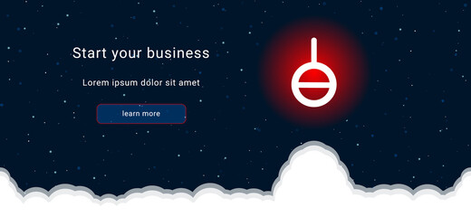 Business startup concept Landing page screen. The agender symbol on the right is highlighted in bright red. Vector illustration on dark blue background with stars and curly clouds from below