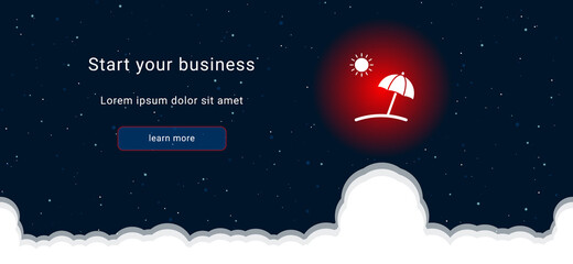 Business startup concept Landing page screen. The beach symbol on the right is highlighted in bright red. Vector illustration on dark blue background with stars and curly clouds from below