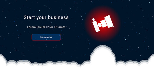 Business startup concept Landing page screen. The camera symbol on the right is highlighted in bright red. Vector illustration on dark blue background with stars and curly clouds from below