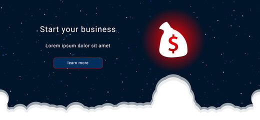 Business startup concept Landing page screen. The bag of money symbol on the right is highlighted in bright red. Vector illustration on dark blue background with stars and curly clouds from below