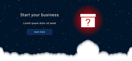 Business startup concept Landing page screen. The white gift box with a question symbol on the right. Vector illustration on dark blue background with stars and curly clouds from below