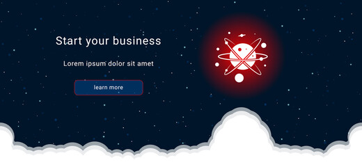 Business startup concept Landing page screen. The cosmic symbol on the right is highlighted in bright red. Vector illustration on dark blue background with stars and curly clouds from below