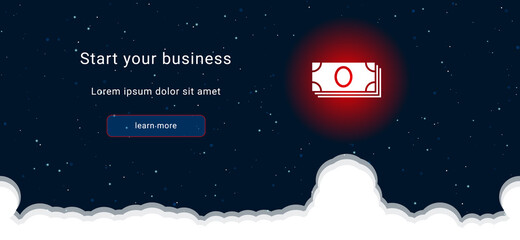 Business startup concept Landing page screen. The money bundle symbol on the right is highlighted in bright red. Vector illustration on dark blue background with stars and curly clouds from below