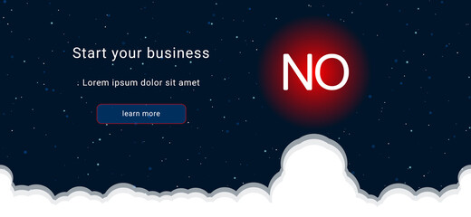 Business startup concept Landing page screen. The no symbol on the right is highlighted in bright red. Vector illustration on dark blue background with stars and curly clouds from below