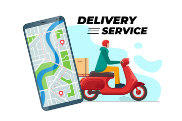 Safe contactless delivery tracking service app concept banner. Boy courier in motorbike helmet on red scooter moped delivering package box. Online ordering mobile city map application and location