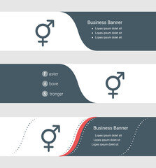 Set of blue grey banner, horizontal business banner templates. Banners with template for text and bigender symbol. Classic and modern style. Vector illustration on grey background