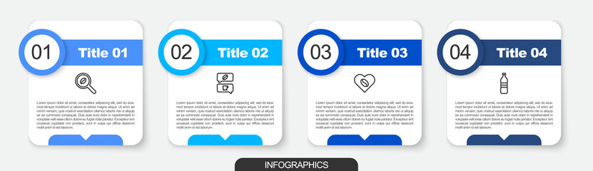 Set line Selection coffee beans, Coffee and conversation, Lovers and Bottle water. Business infographic template. Vector