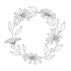 Botanical illustration. Flower wreath. Black and white composition. Sketch hand drawing of a flower, linear art on a white background. Vector illustration