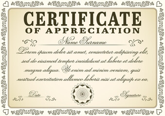A4 size retro style certificate of appreciation vector design with heart and hand drawn swirl frame. Vintage wedding border frame template illustration for invitations, cards, diploma, certificate.