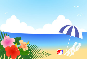 ハイビスカスのあるリゾートビーチのイラスト