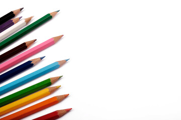 Color pencils on white background, copy space for text