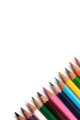 Color pencils on white background, copy space for text
