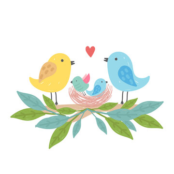 Cute family birds in the nest. Hand drawn style. Birds couple with baby birds. Vector illustration.
