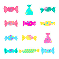 set of multi-colored sweets of different shapes in wrappers of pink, blue and yellow colors with different patterns isolated on white background. collection. to decorate designs of posters and banners