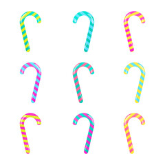 set of traditional Christmas candies of different colors, striped curved sticks, lollipops isolated on white background, collection of sweets