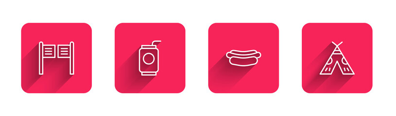 Set line Saloon door, Soda can with straw, Hotdog sandwich and Indian teepee wigwam with long shadow. Red square button. Vector © Kostiantyn