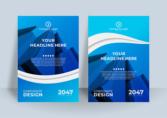Set of Blue Grey White Wave Curved Shape Brochure Cover Template Layout Design. Corporate business annual report, catalog, magazine, flyer mockup. Creative modern bright concept with square shape