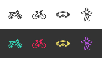 Set line Mountain bike, Bicycle, Ski goggles and Bungee jumping on black and white. Vector
