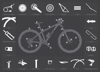 Estores personalizados de deportes con tu foto Vector info mountain bike specifications with white icon parts. Picture with lots of details. dark background.