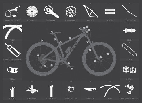 Vector info mountain bike specifications with white icon parts. Picture with lots of details. dark background.