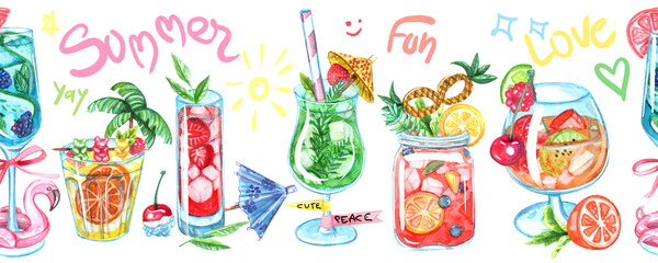 A colorful seamless pattern with drinks, cocktails, lemonades, flowers, flamingos, palms, cocktail umbrellas, leaves and flowers. Bright summer background.