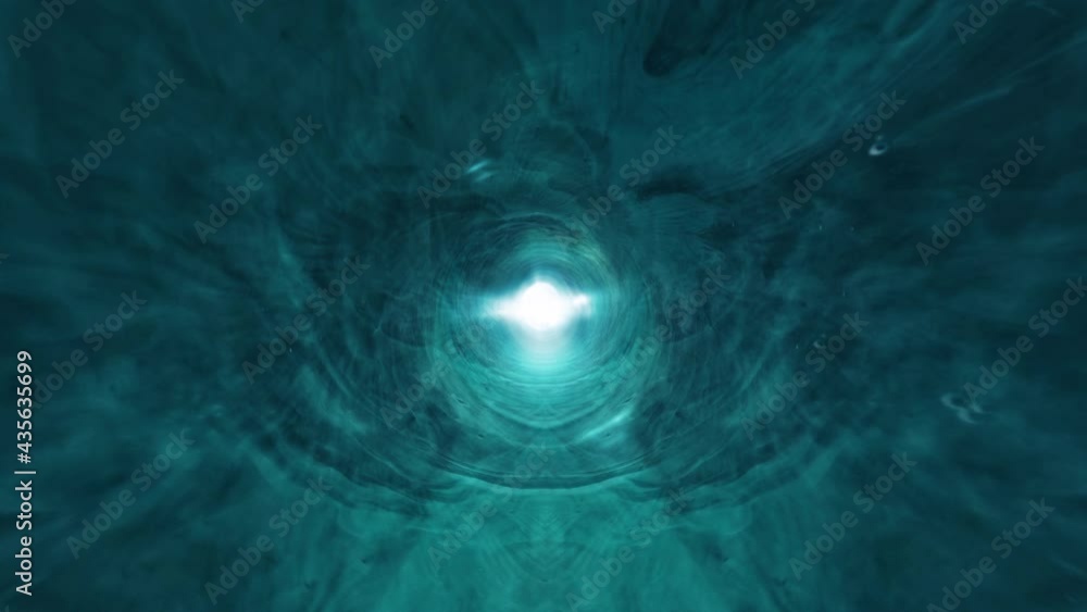 Poster 3d animation fly in through dark glow green blue ocean cloud tunnel. abstract time wormhole vortex. 